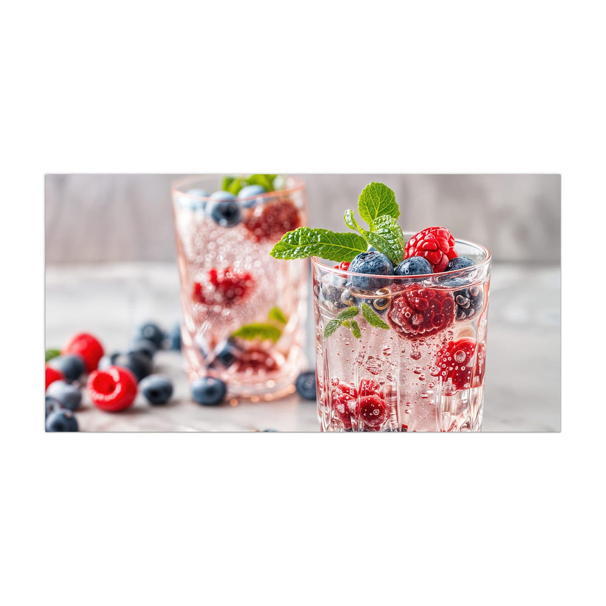 Küchenrückwand aus Glas Limonade mit Beeren im Hochformat, Motiv bildfüllend von vorn