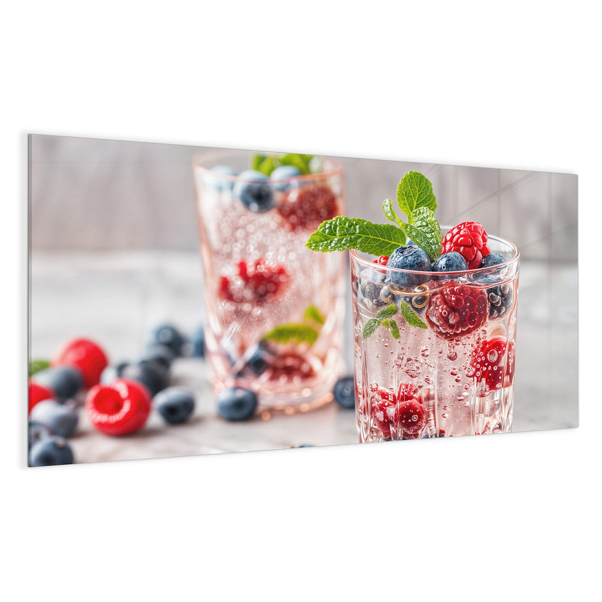 Zwei geschliffene Gläser mit perlender rosa Limonade, Himbeeren, Blaubeeren und Minze obenauf.
