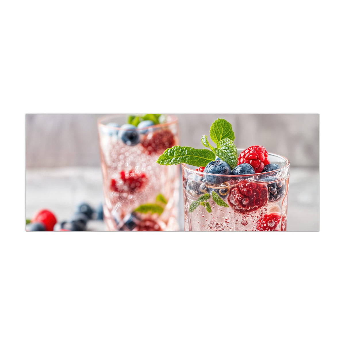 Küchenrückwand aus Glas Limonade mit Beeren im Hochformat, Motiv bildfüllend von vorn