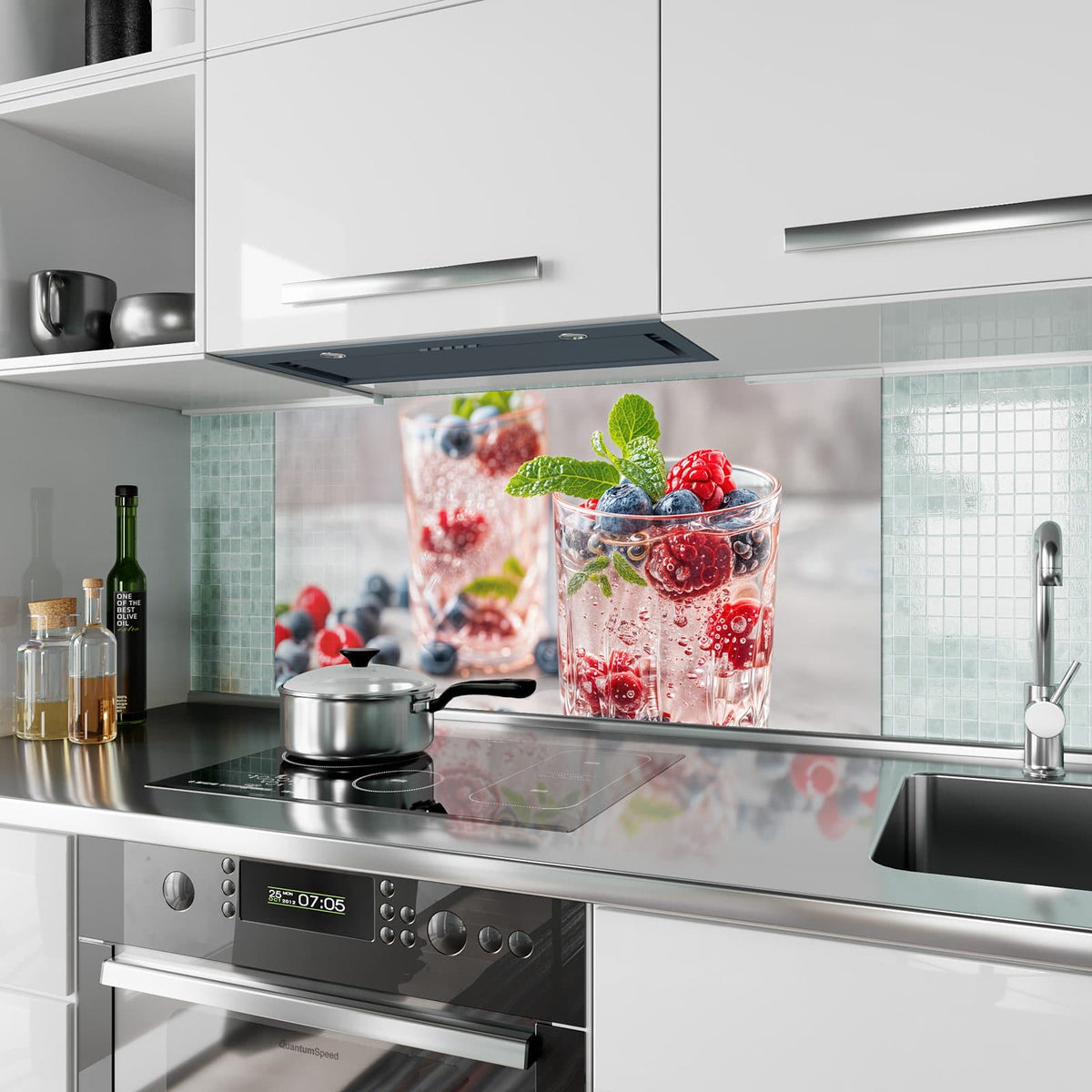 Küchenrückwand aus Glas Limonade mit Beeren im Hochformat als Spritzschutz hinter dem Kochfeld, über dem Fliesenspiegel montiert