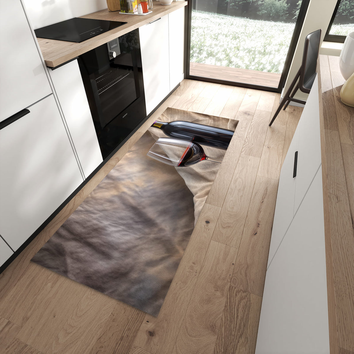 Bodenschonender langer Teppich mit Motiv Wein mit Glas in moderner Küche