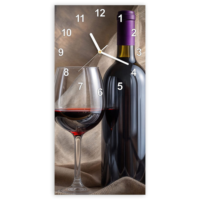 Wanduhr Wein mit Glas aus Glas – Hochformat 30 × 60 cm mit Ziffernblatt Modern