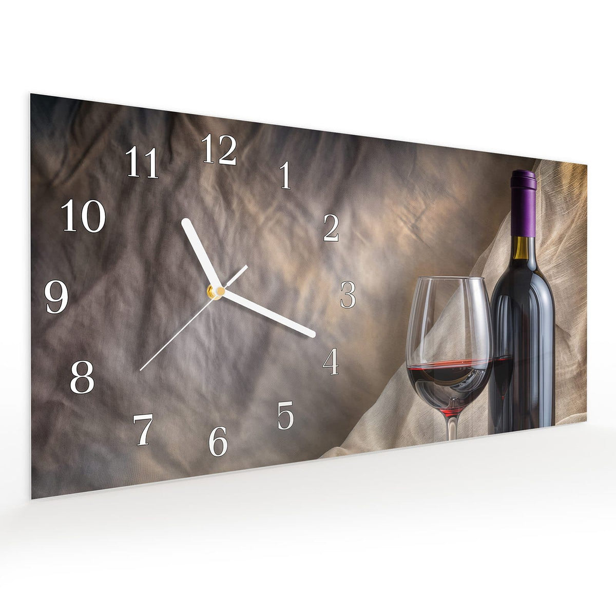 Vormontiert – mit Schwebeeffekt – Wanduhr Wein mit Glas aus Glas – Querformat 60 × 30 cm