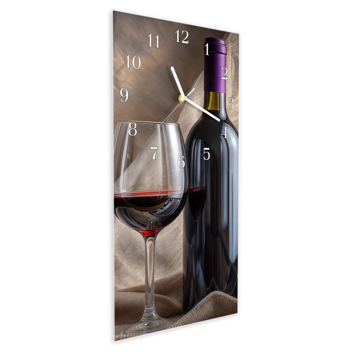 Vormontiert – mit Schwebeeffekt – Wanduhr Wein mit Glas aus Glas – Hochformat 30 × 60 cm