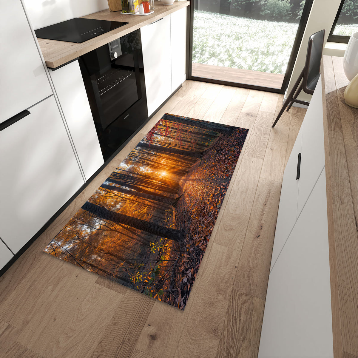 Rutschfester Küchenläufer mit Motiv Sonnenuntergang Wald in moderner Küche