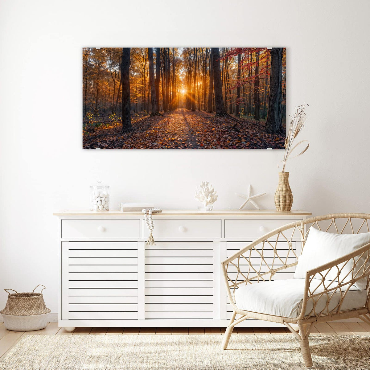 Echtglas, 4 mm – kein Acryl, keine Folie – Wandbild - Sonne im Herbstwald - Querformat