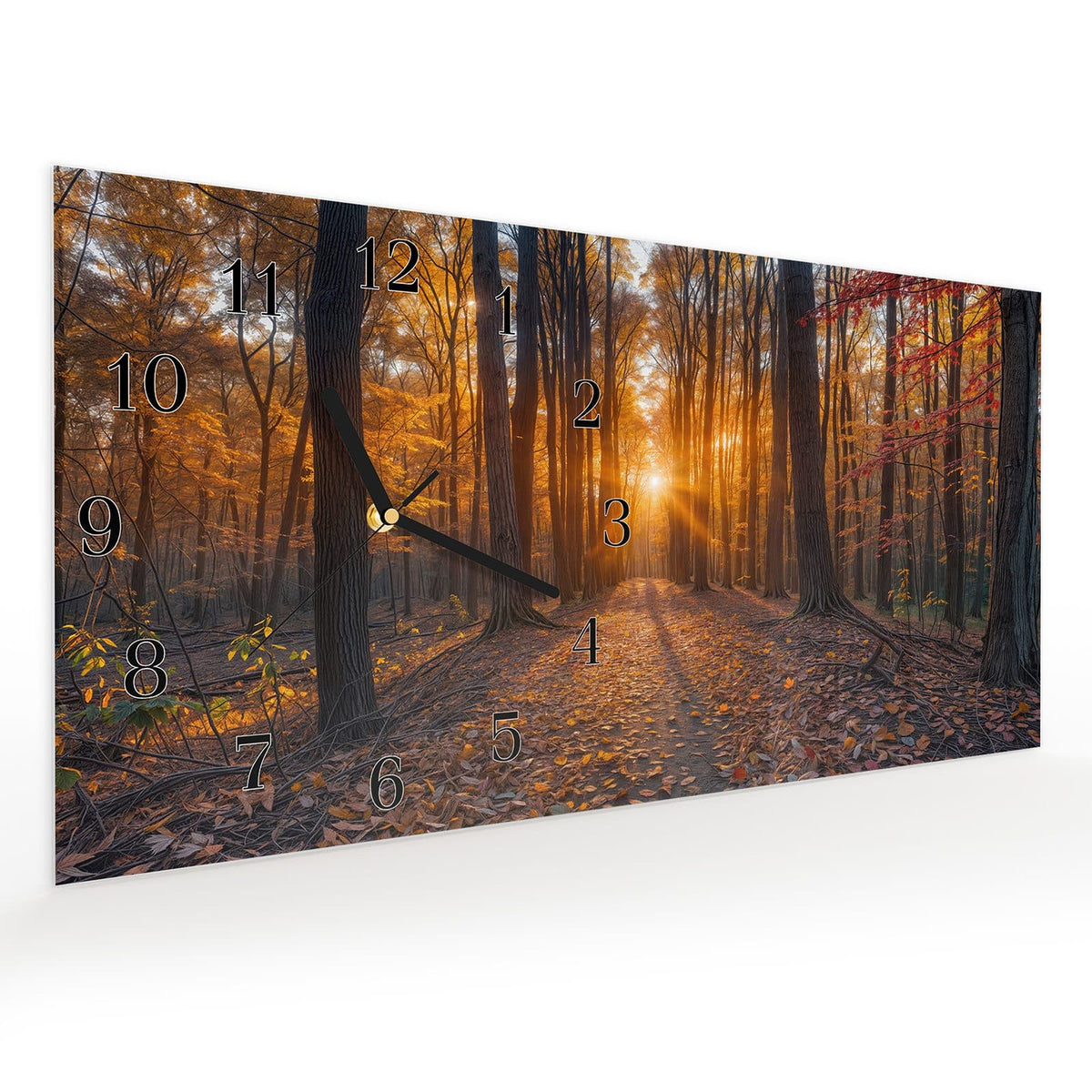 Vormontiert – mit Schwebeeffekt – Wanduhr Sonnenuntergang Wald aus Glas – Querformat 60 × 30 cm