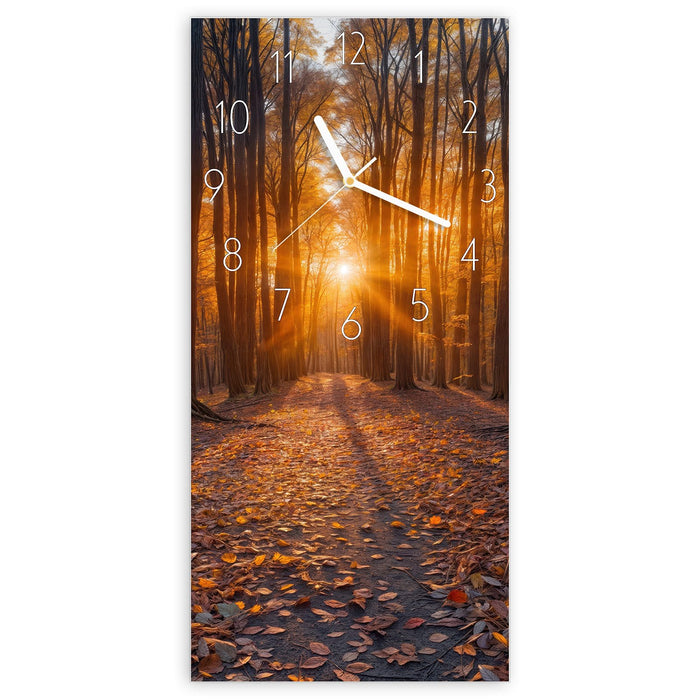 Wanduhr Sonnenuntergang Wald aus Glas – Hochformat 30 × 60 cm mit Ziffernblatt Elegant