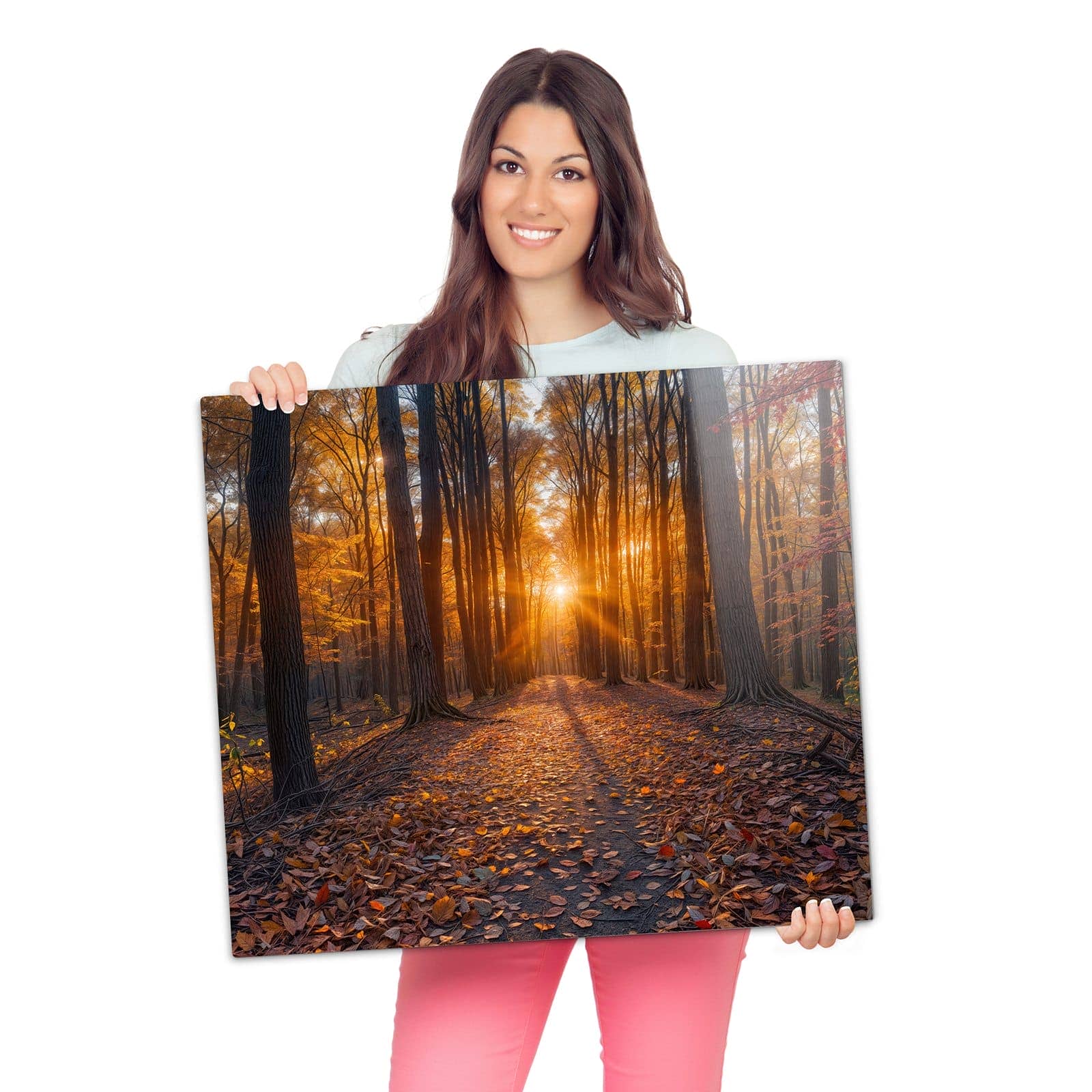 Herdabdeckung aus Holz mit Sonnenuntergang Wald-Motiv wird zur Größendarstellung gehalten