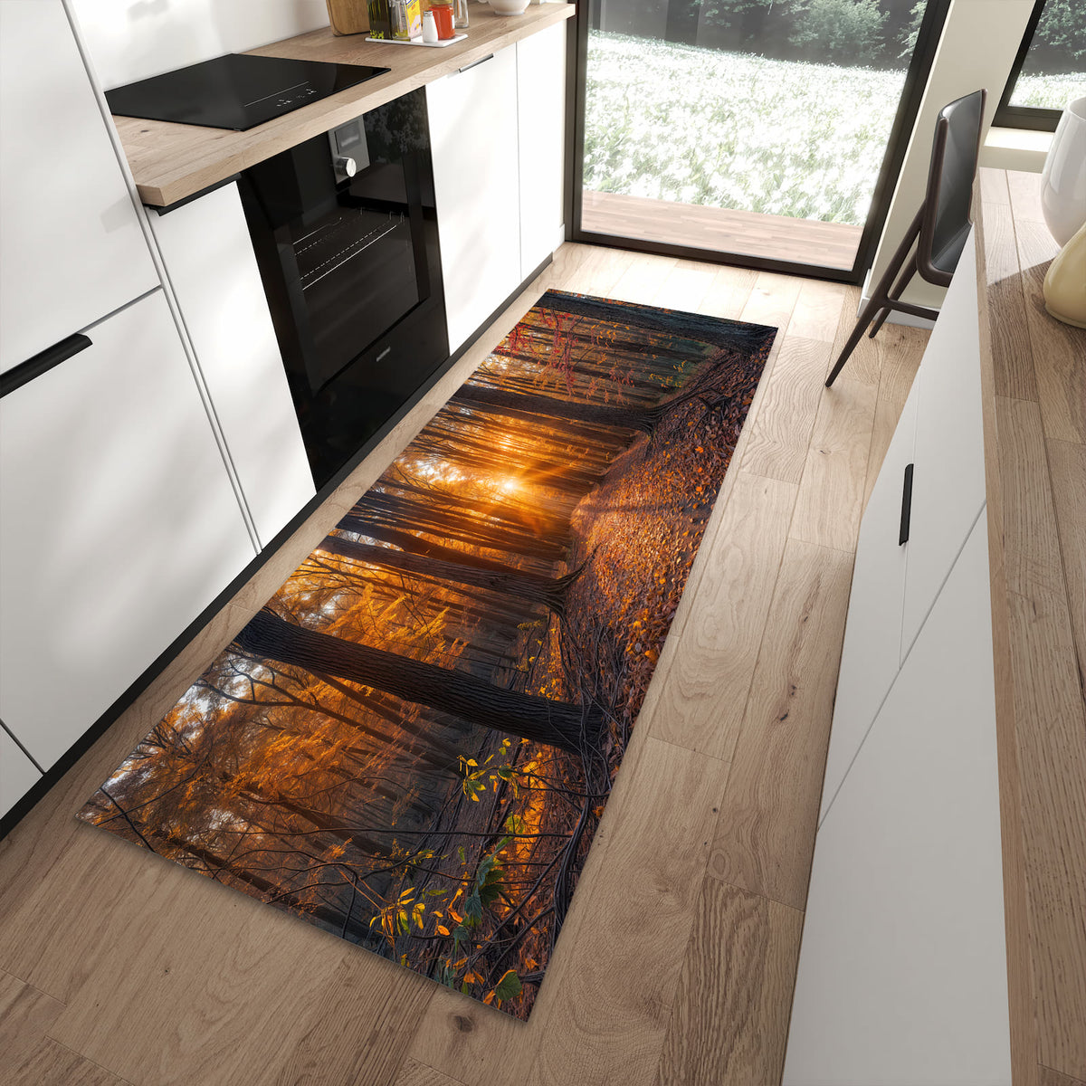 Pflegeleichter Küchenläufer mit Motiv Sonnenuntergang Wald in moderner Küche