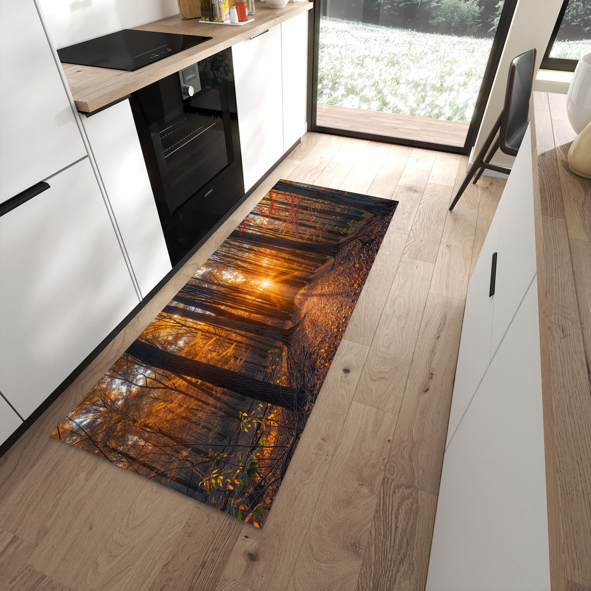 Langlebiger Küchenteppich mit Motiv Sonnenuntergang Wald in moderner Küche