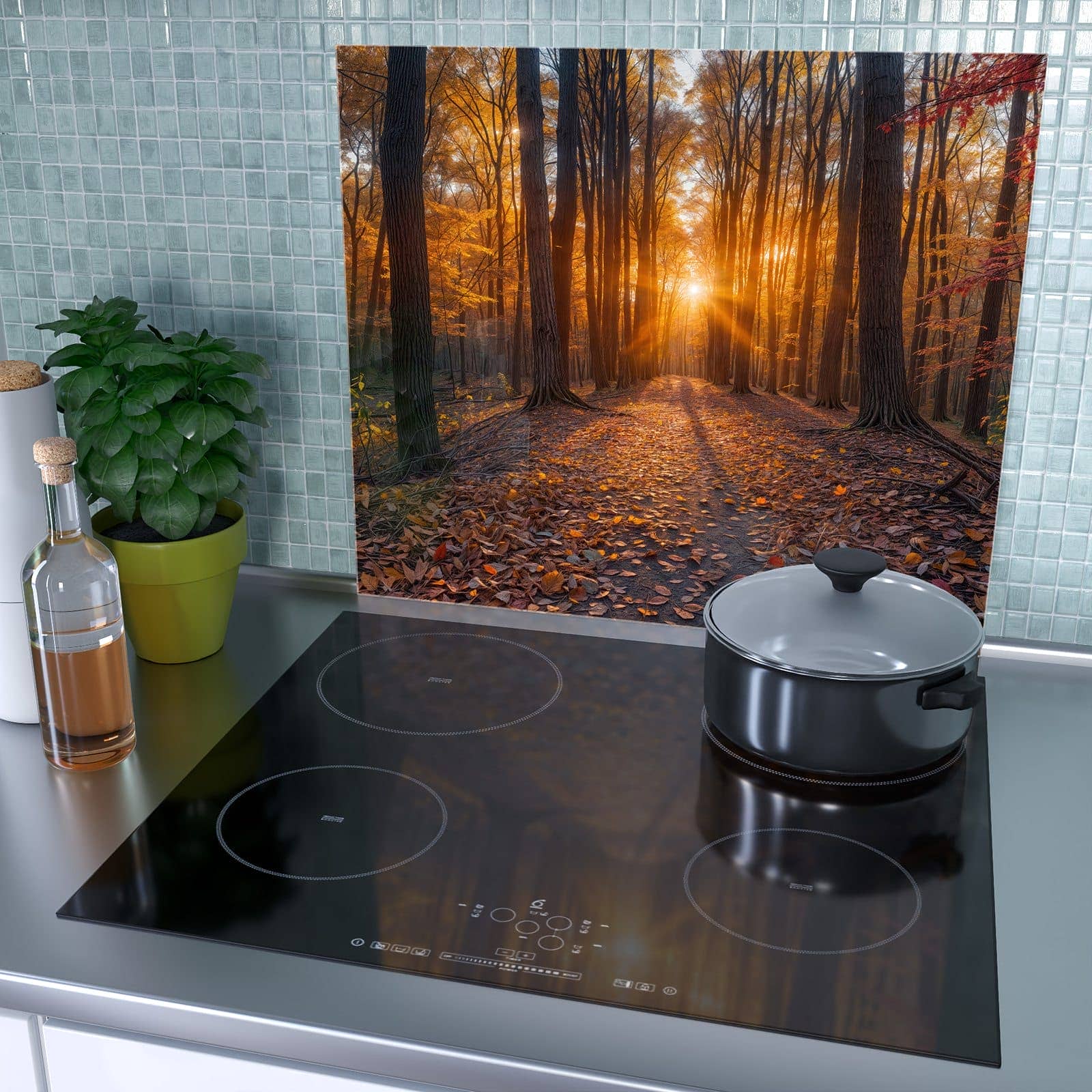 1-teilige Glasplatte für Herd mit Sonnenuntergang Wald-Motiv als Spritzschutz hinter dem Kochfeld