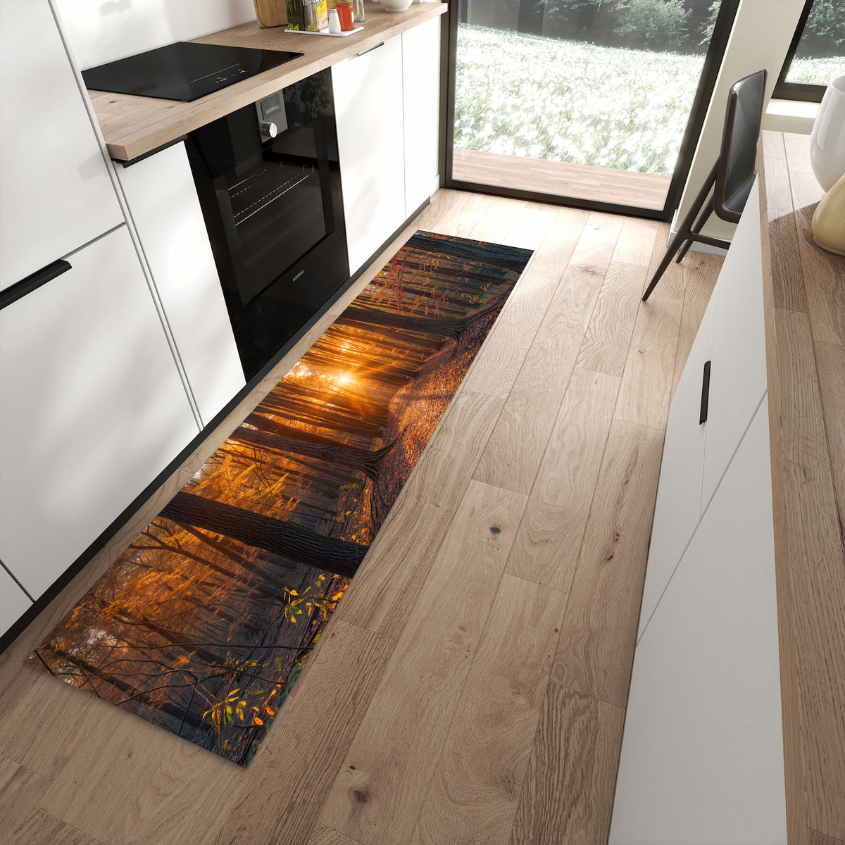 Wasserabweisender Teppich für Küche mit Motiv Sonnenuntergang Wald in moderner Küche