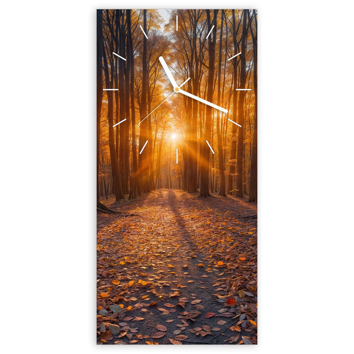 Wanduhr Sonnenuntergang Wald aus Glas – Hochformat 30 × 60 cm mit Ziffernblatt Linie