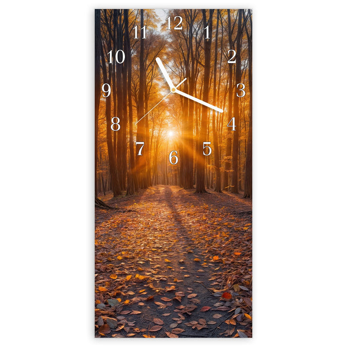 Wanduhr Sonnenuntergang Wald aus Glas – Hochformat 30 × 60 cm mit Ziffernblatt Klassisch