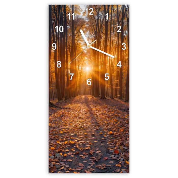 Wanduhr Sonnenuntergang Wald aus Glas – Hochformat 30 × 60 cm mit Ziffernblatt Modern