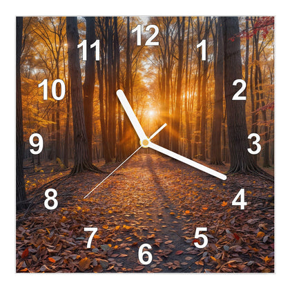 Wanduhr Quadratisch mit dem Motiv Sonne im Herbstwald