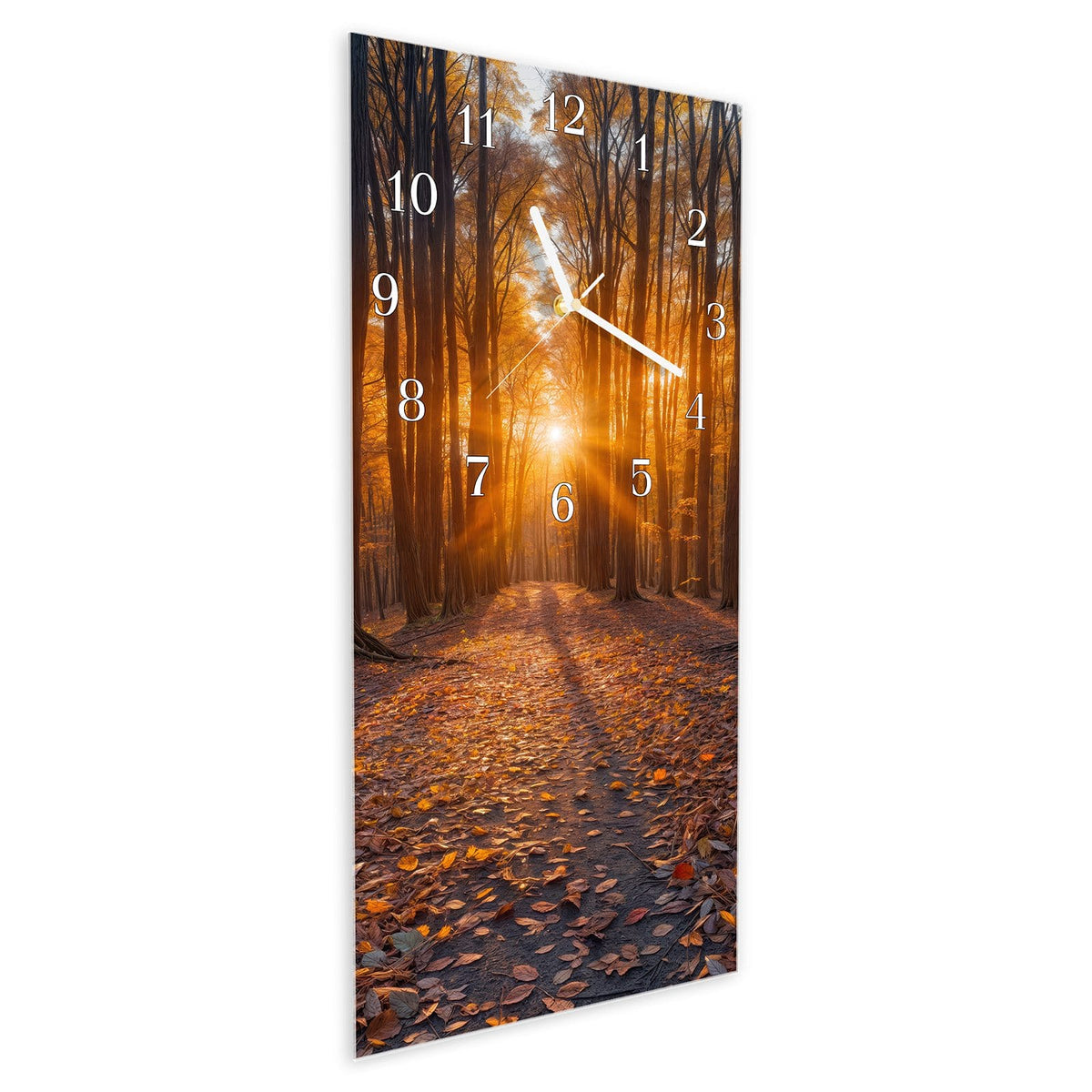 Vormontiert – mit Schwebeeffekt – Wanduhr Sonnenuntergang Wald aus Glas – Hochformat 30 × 60 cm