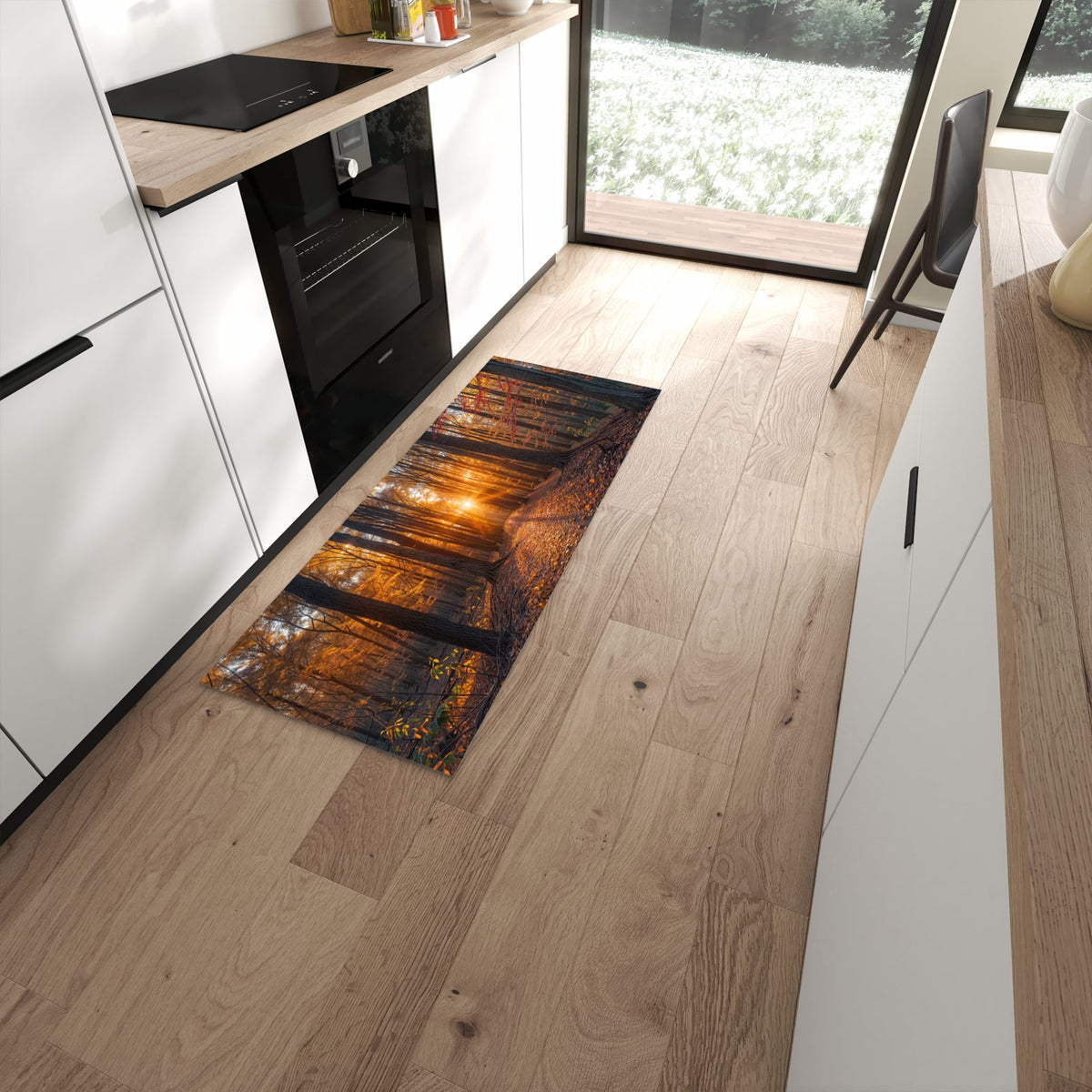 UV-beständiger Küchenteppich mit Motiv Sonnenuntergang Wald in moderner Küche #grösse_60 x 150 cm