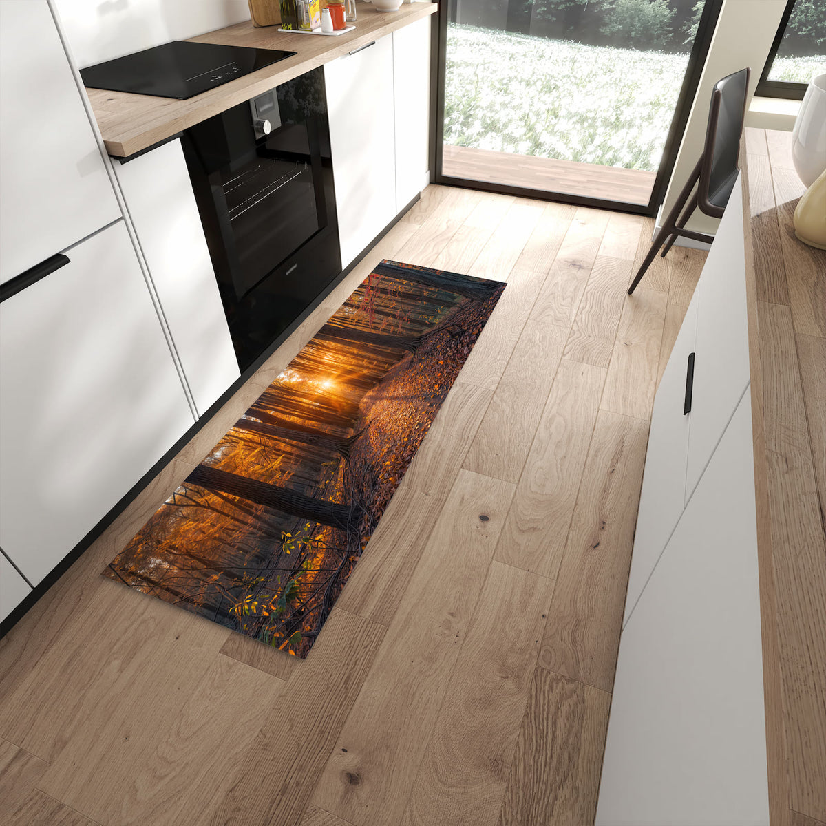 Komfortabler Küchenteppich mit Motiv Sonnenuntergang Wald in moderner Küche