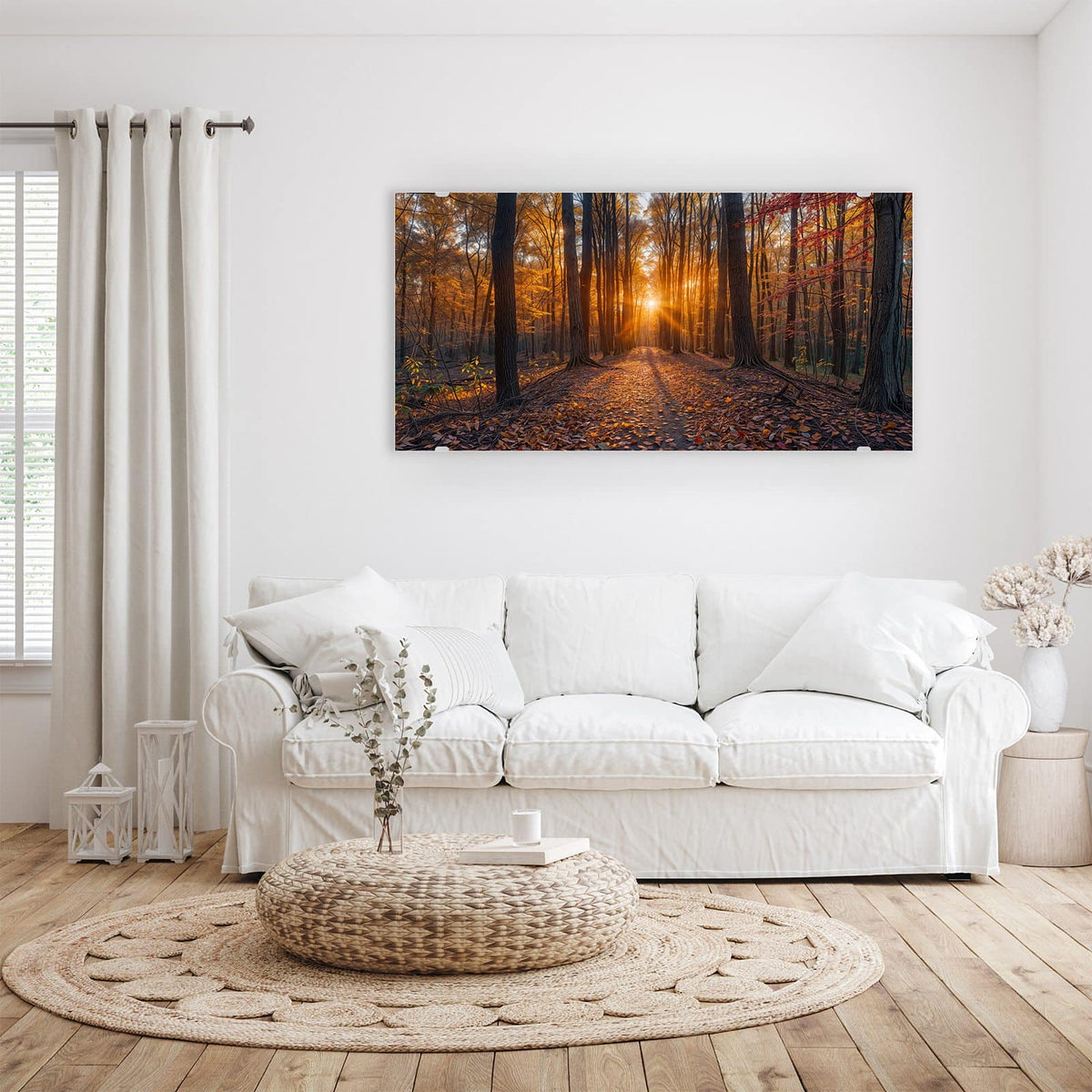Wandbild - Sonne im Herbstwald - Querformat – Sonnenlicht über herbstlichem Waldweg