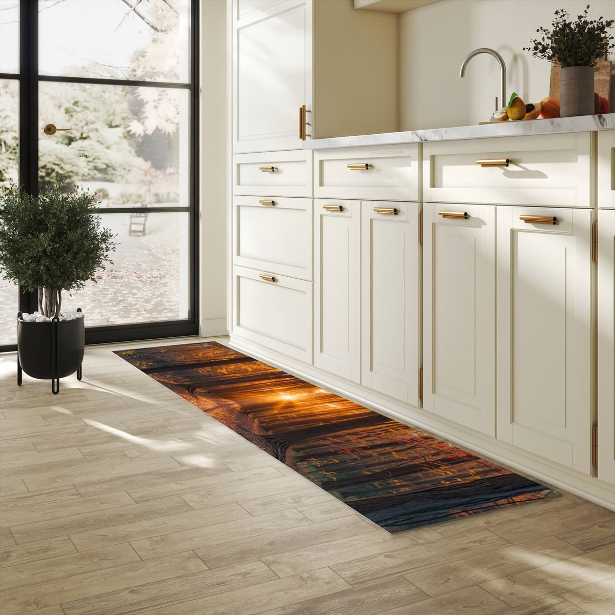 Küchenteppich mit Motiv Sonnenuntergang Wald für Ordnung in heller Küche