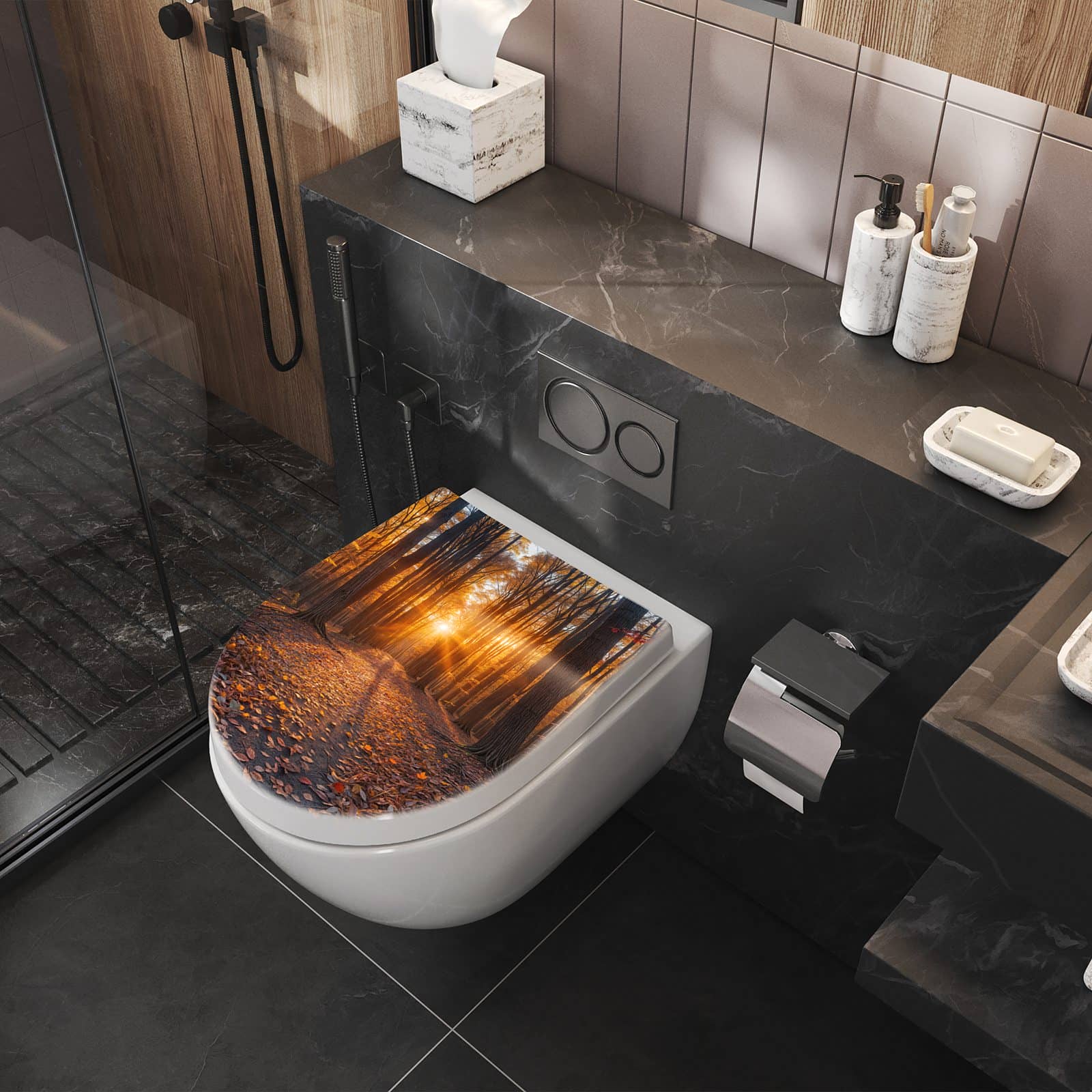WC-Sitz mit Absenkautomatik Sonnenuntergang Wald