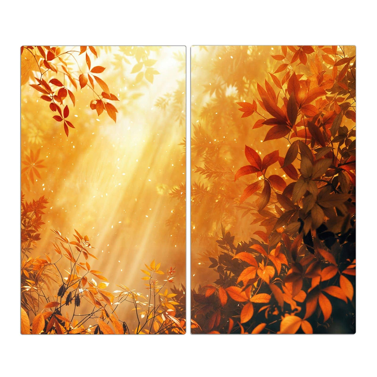 Sonnenstrahlen fallen durch kupferrotes und goldenes Laub, Lichtpunkte in der Luft