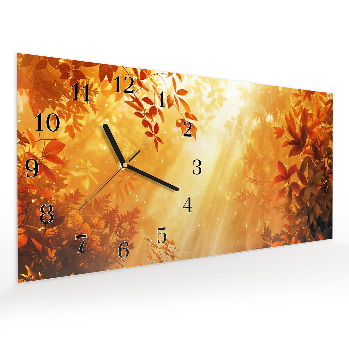 Vormontiert – mit Schwebeeffekt – Wanduhr Herbstlicher Wald aus Glas – Querformat 60 × 30 cm