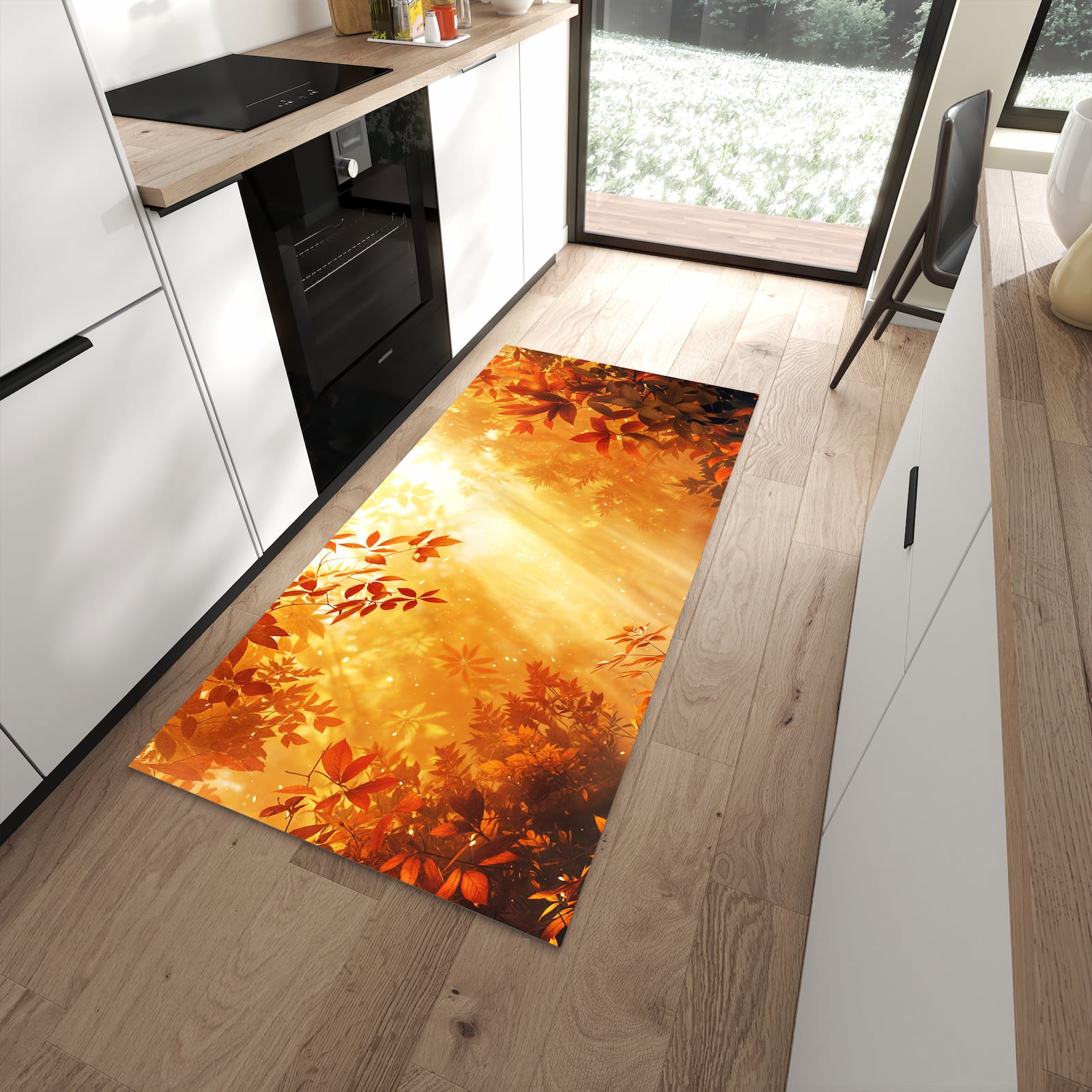 Zeitsparender moderner Küchenläufer mit Motiv Herbstlicher Wald in moderner Küche