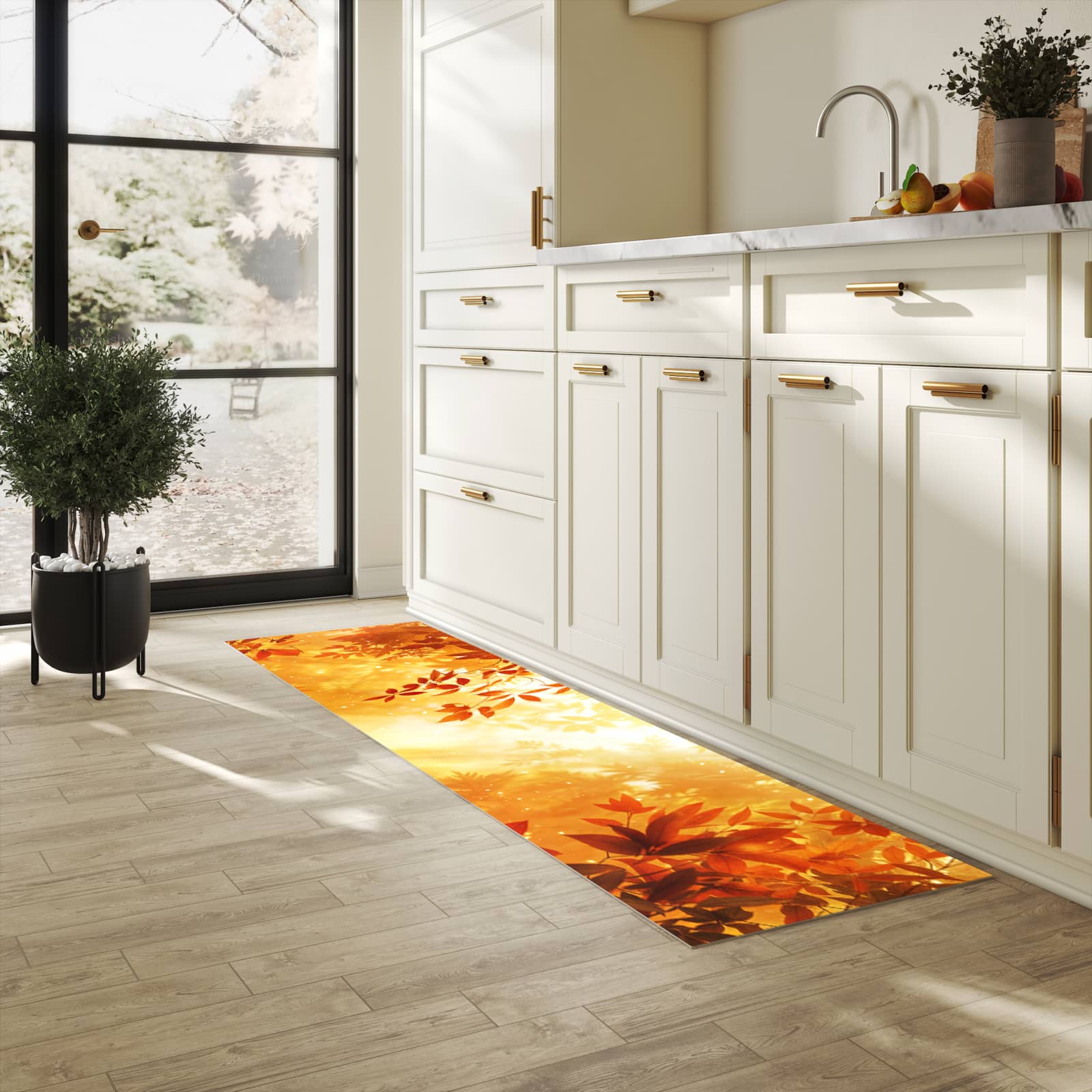 Langlebiger rutschfester Küchenläufer mit Motiv Herbstlicher Wald in heller Küche