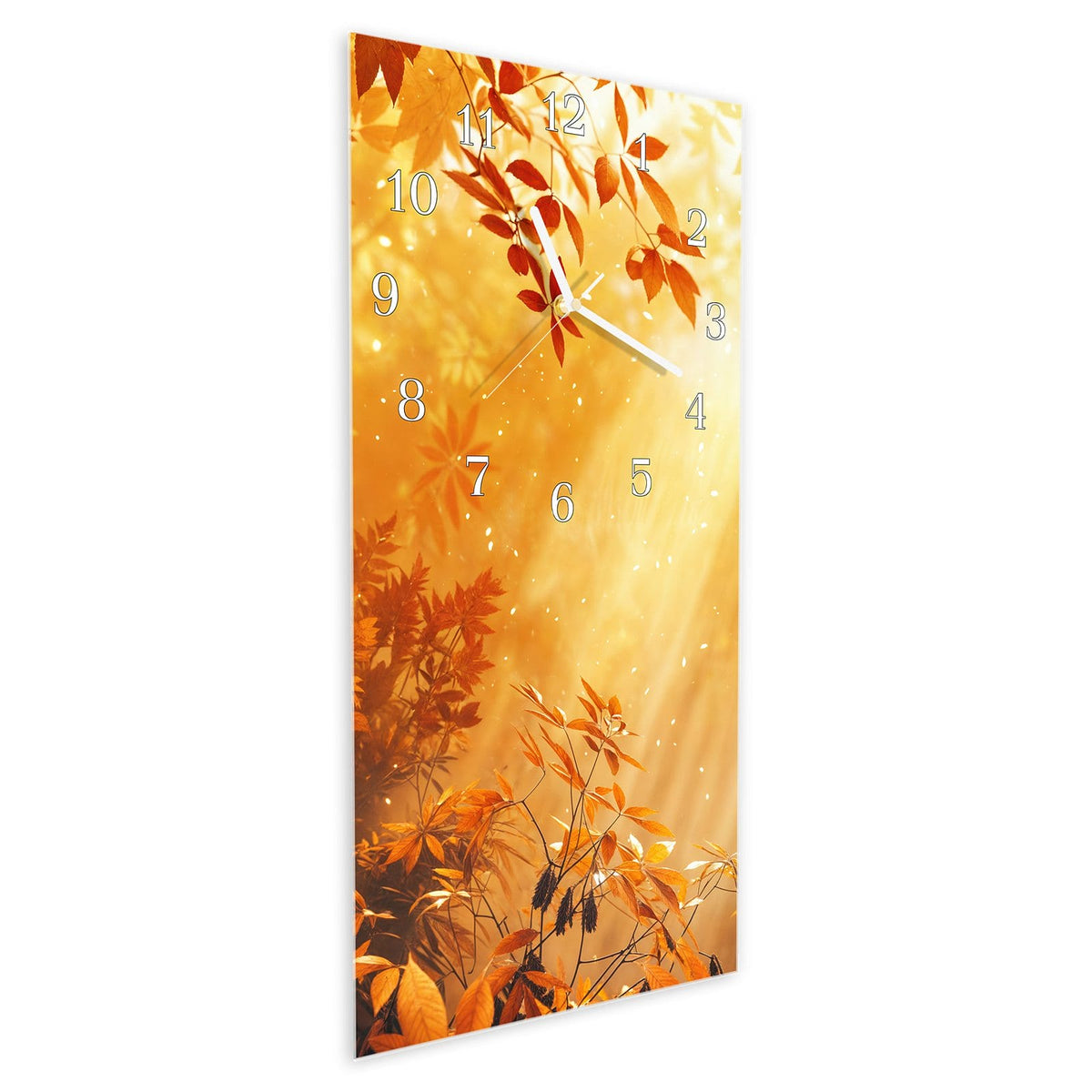 Vormontiert – mit Schwebeeffekt – Wanduhr Herbstlicher Wald aus Glas – Hochformat 30 × 60 cm