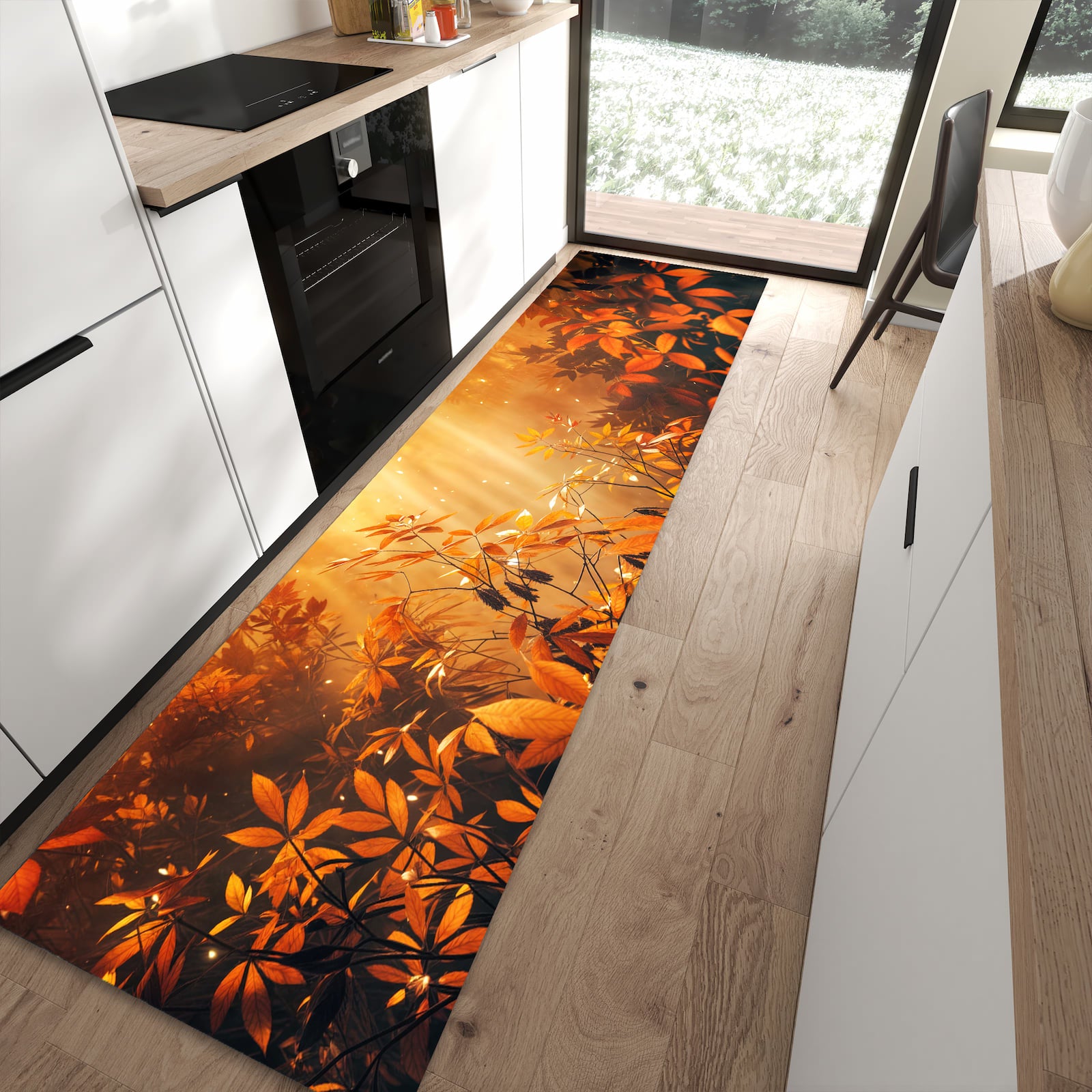 Waschbarer Küchenläufer mit Motiv Herbstlicher Wald in moderner Küche für sichere Aufbewahrung