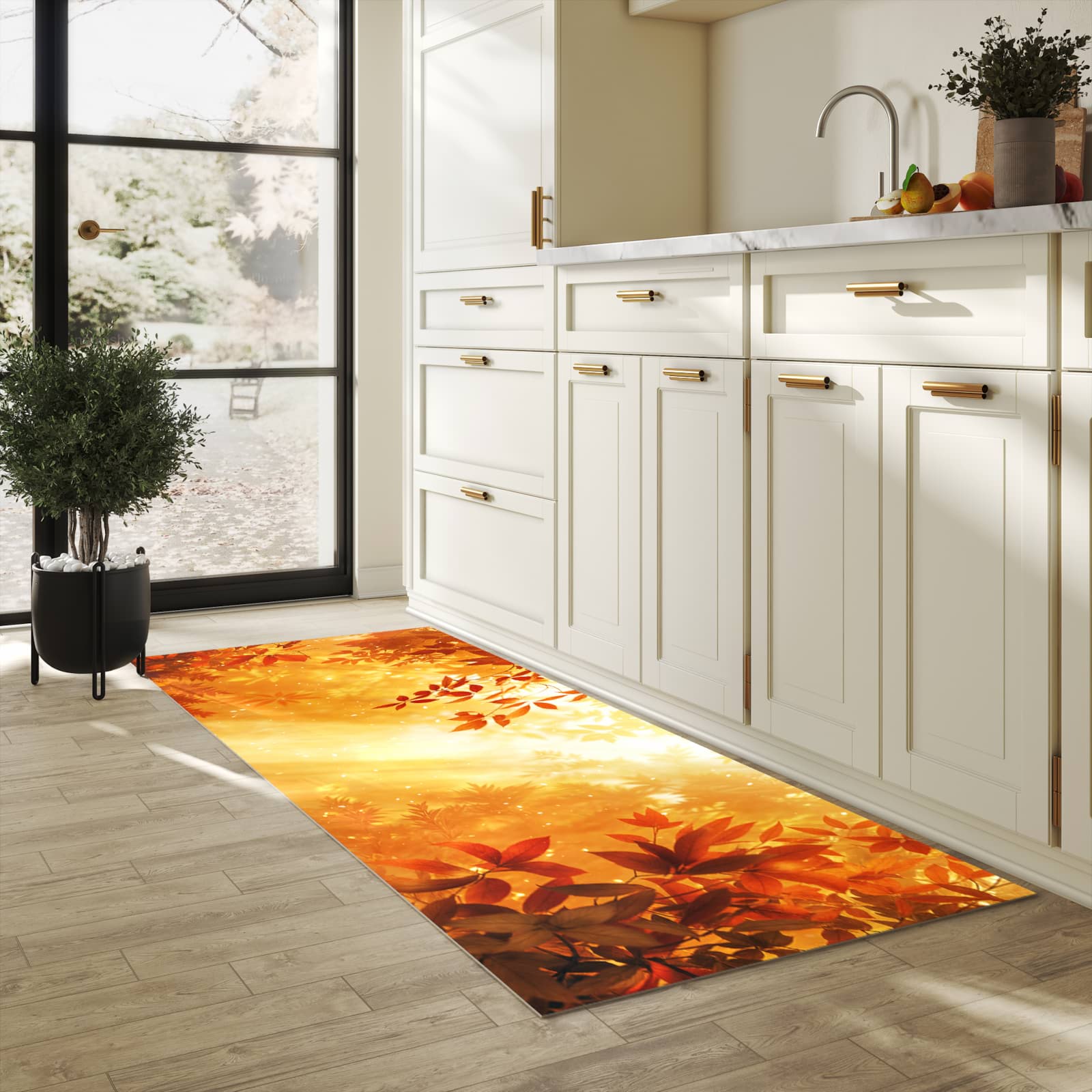 Abwaschbarer Küchenteppich mit Motiv Herbstlicher Wald in heller Küche