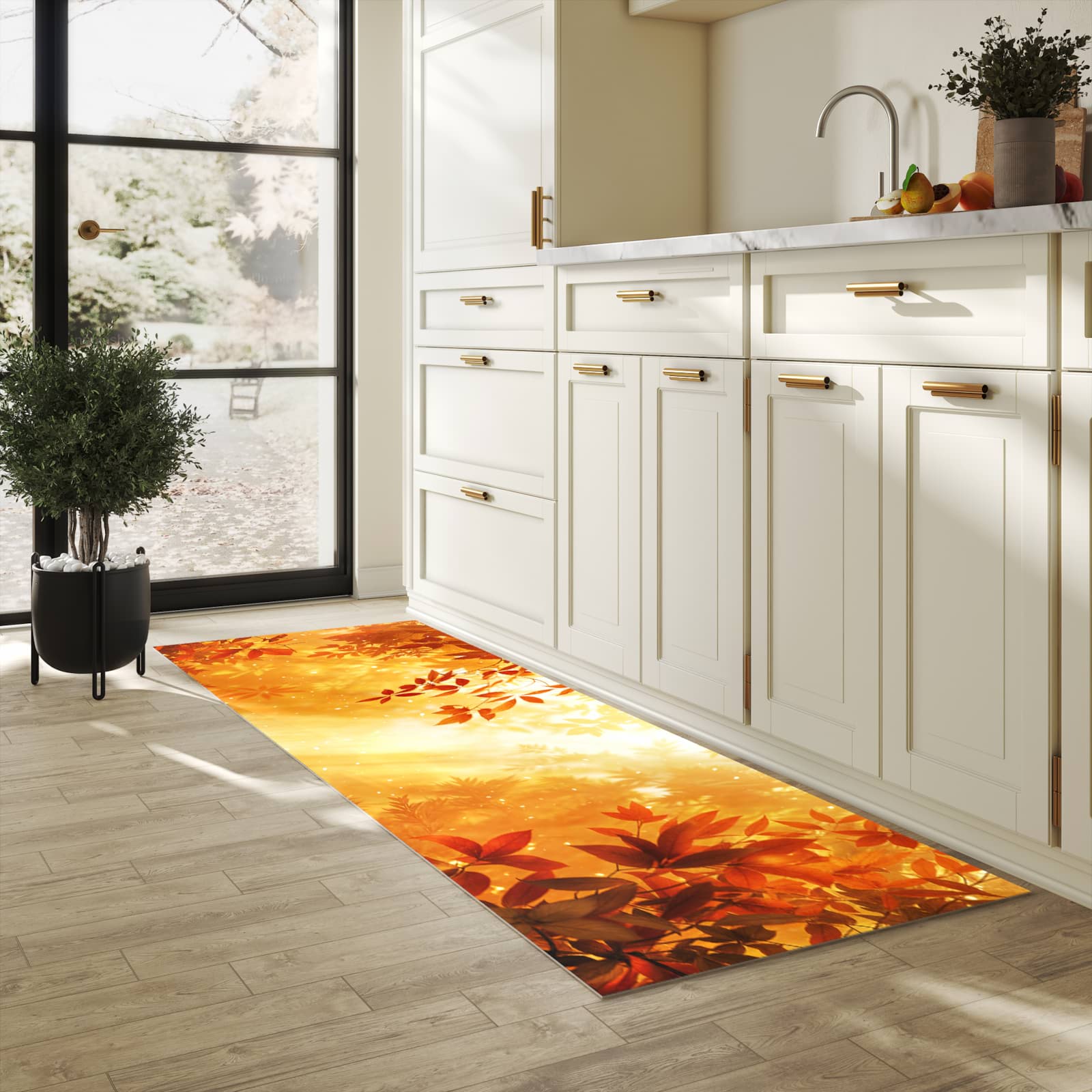 Pflegeleichter Küchenläufer nach Maß mit Motiv Herbstlicher Wald in heller Küche