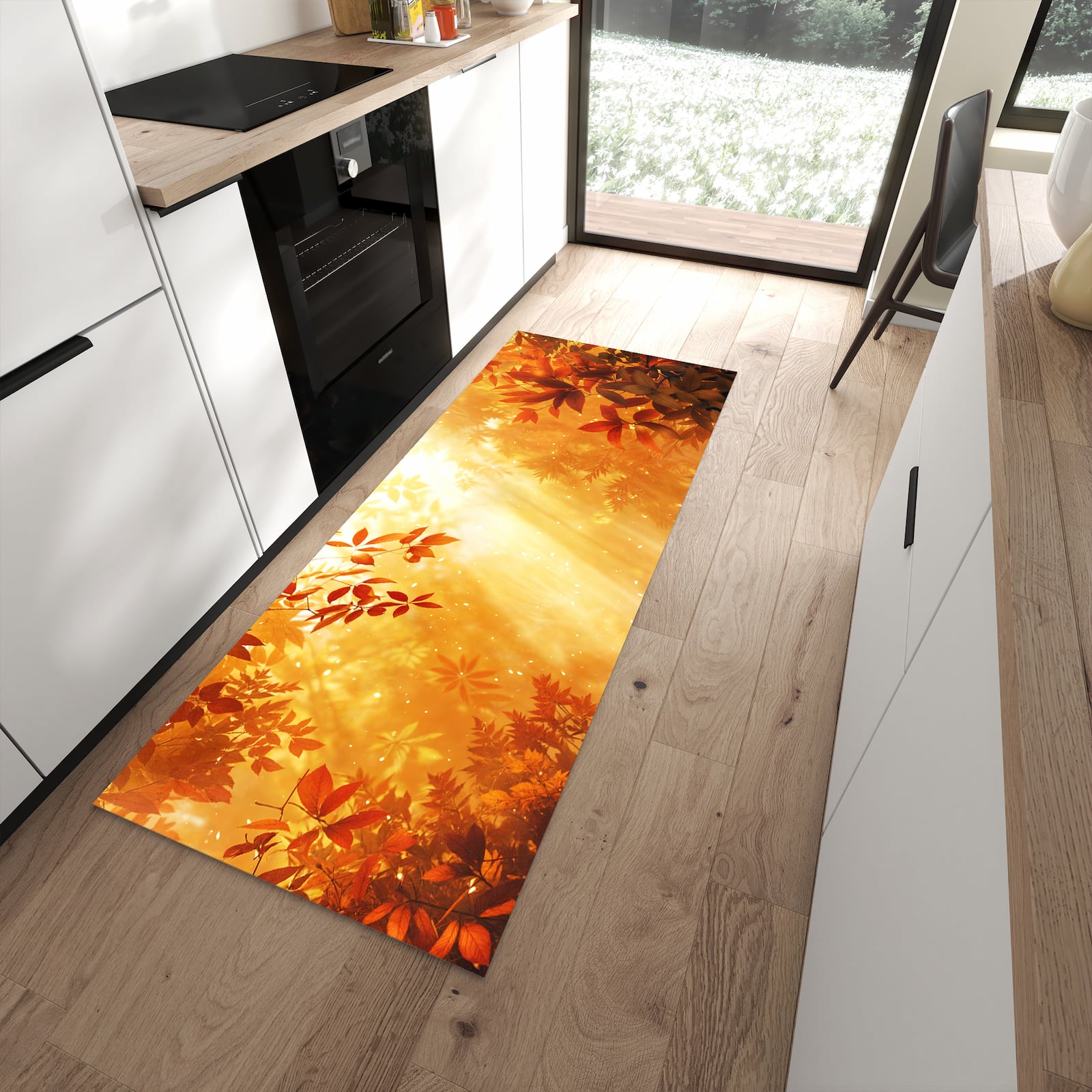 Bodenschonender rutschfester Küchenläufer mit Motiv Herbstlicher Wald in moderner Küche