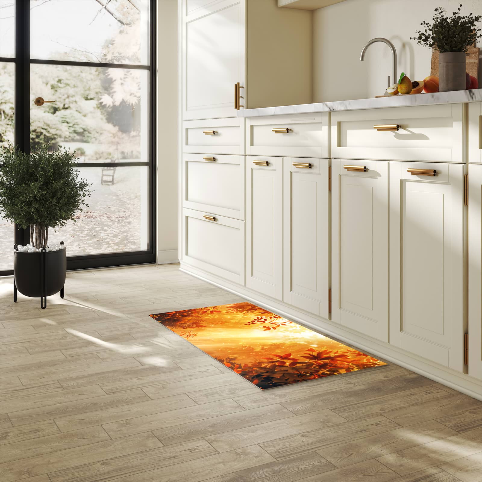 Fleckenresistenter Küchenläufer mit Motiv Herbstlicher Wald in heller Küche