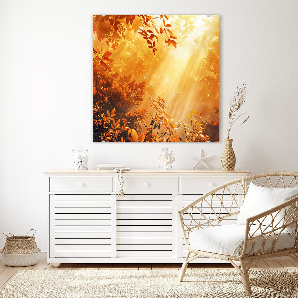 Echtglas, 4 mm – kein Acryl, keine Folie – Wandbild - Herbstwald im Gegenlicht - Quadratisch