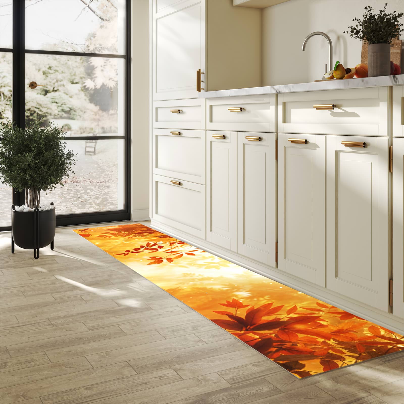 Pflegeleichter waschbarer Küchenläufer mit Motiv Herbstlicher Wald in heller Küche