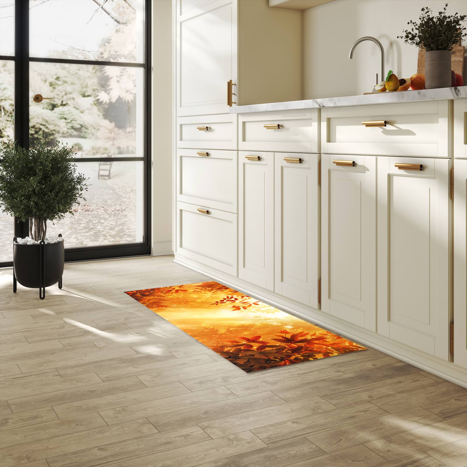 Schmutzabweisender Küchenläufer mit Motiv Herbstlicher Wald in heller Küche