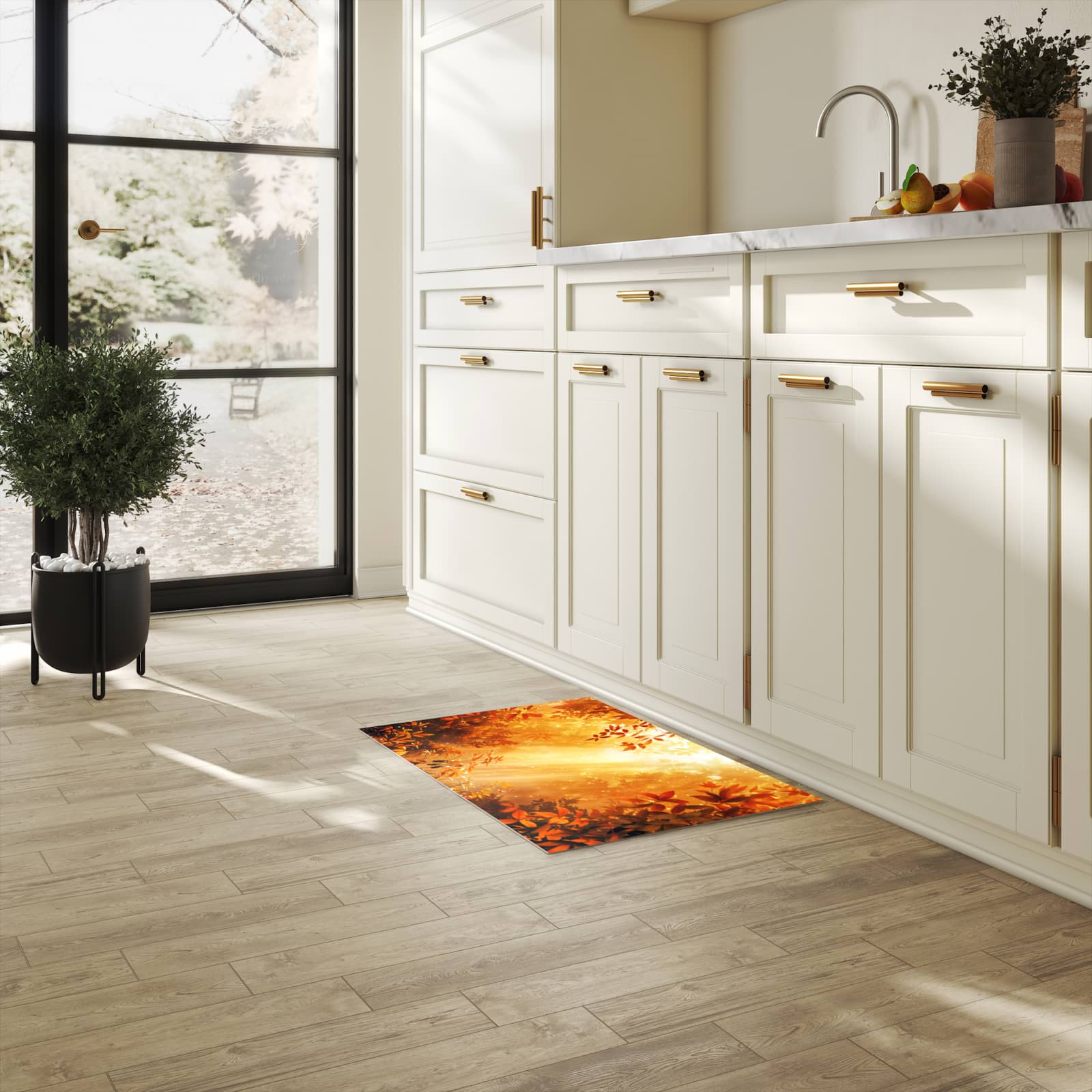 Komfortabler rutschfester Küchenläufer mit Motiv Herbstlicher Wald in heller Küche