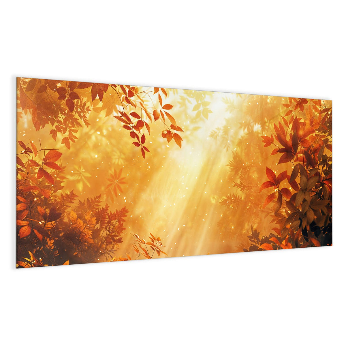 Sonnenstrahlen fallen durch kupferrotes und goldenes Laub, Lichtpunkte in der Luft