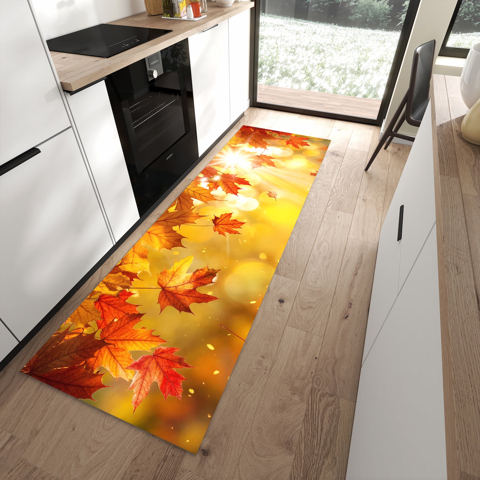 Komfortabler waschbarer Küchenteppich mit Motiv Herbstblätter Sonne in moderner Küche