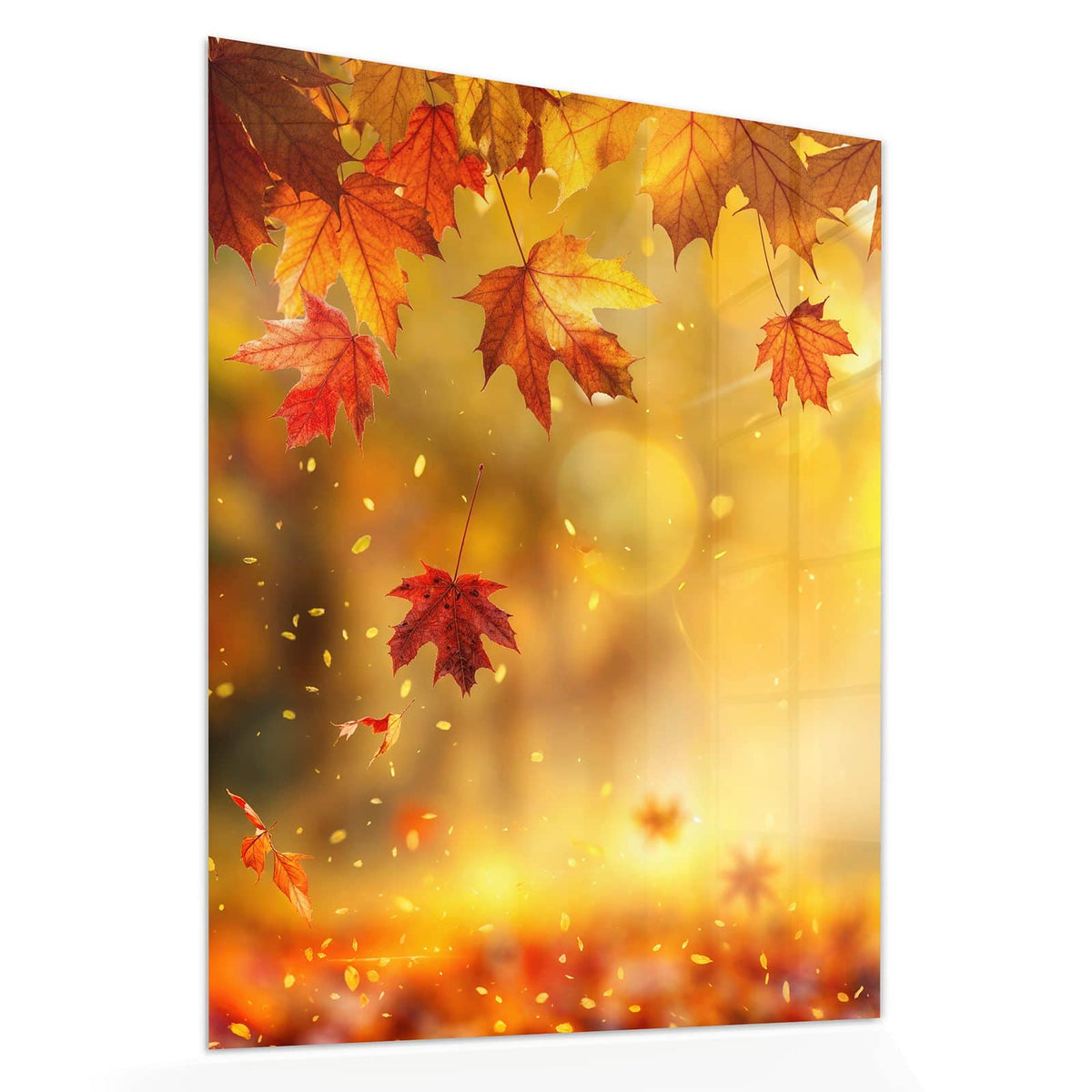 Echtglas, 4 mm – kein Acryl, keine Folie – Wandbild - Sonne im Ahornlaub - Hochformat