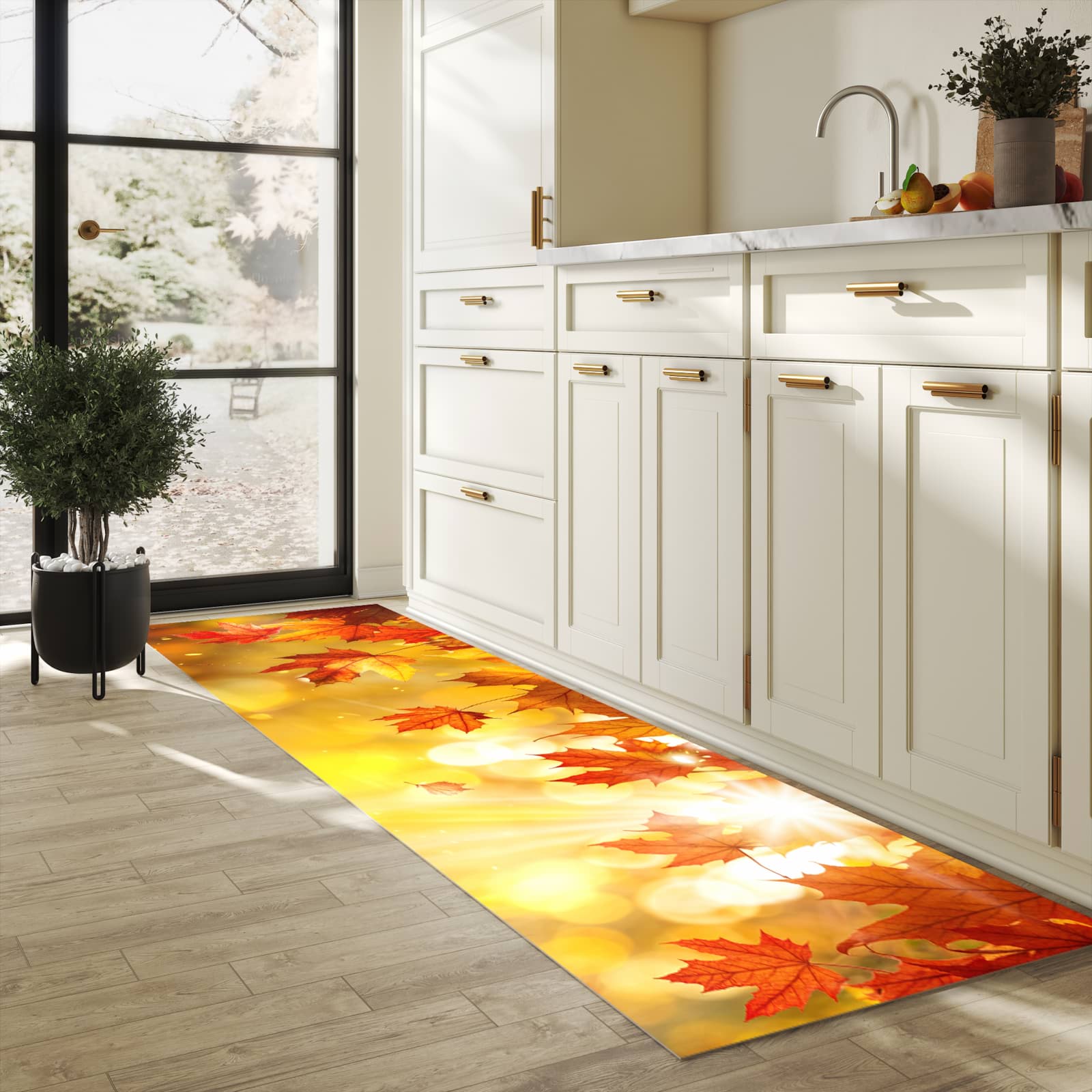 UV-beständiger Küchenteppich mit Motiv Herbstblätter Sonne in heller Küche