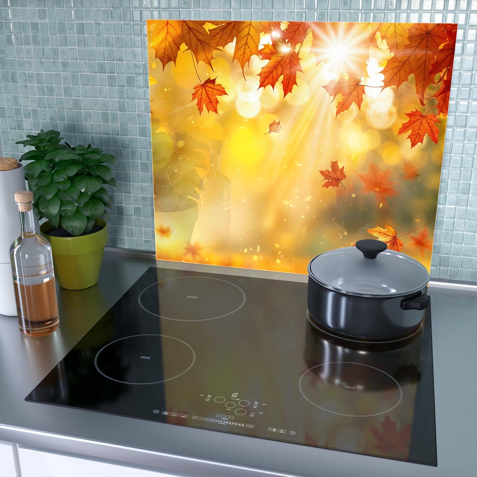1-teilige Herdabdeckplatte mit Herbstblätter Sonne-Motiv als Spritzschutz hinter dem Kochfeld