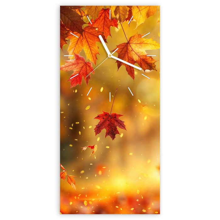Wanduhr Herbstblätter Sonne aus Glas – Hochformat 30 × 60 cm mit Ziffernblatt Linie