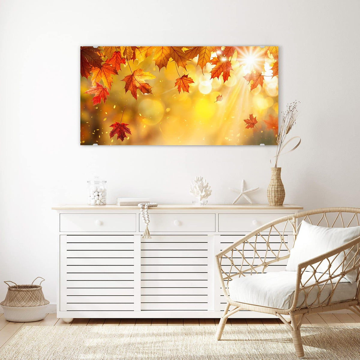 Echtglas, 4 mm – kein Acryl, keine Folie – Wandbild - Sonne im Ahornlaub - Querformat