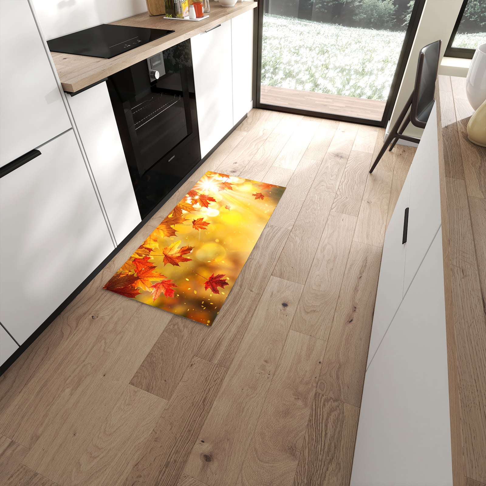 Rutschfester Küchenteppich mit Motiv Herbstblätter Sonne für Trittkomfort in moderner Küche #grösse_60 x 120 cm
