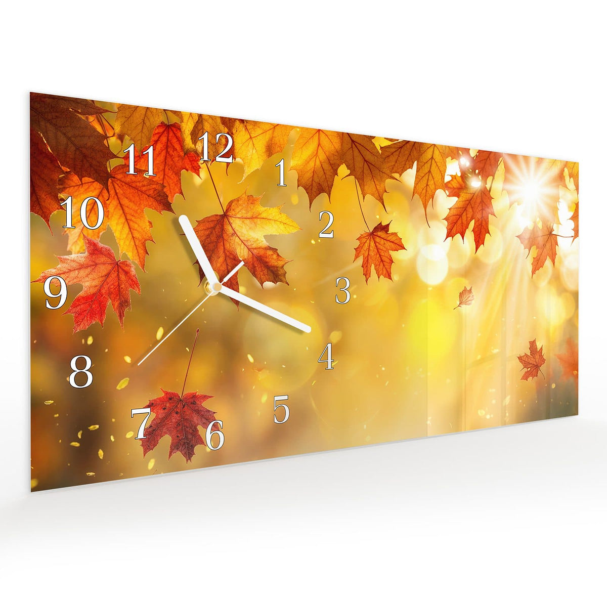 Vormontiert – mit Schwebeeffekt – Wanduhr Herbstblätter Sonne aus Glas – Querformat 60 × 30 cm